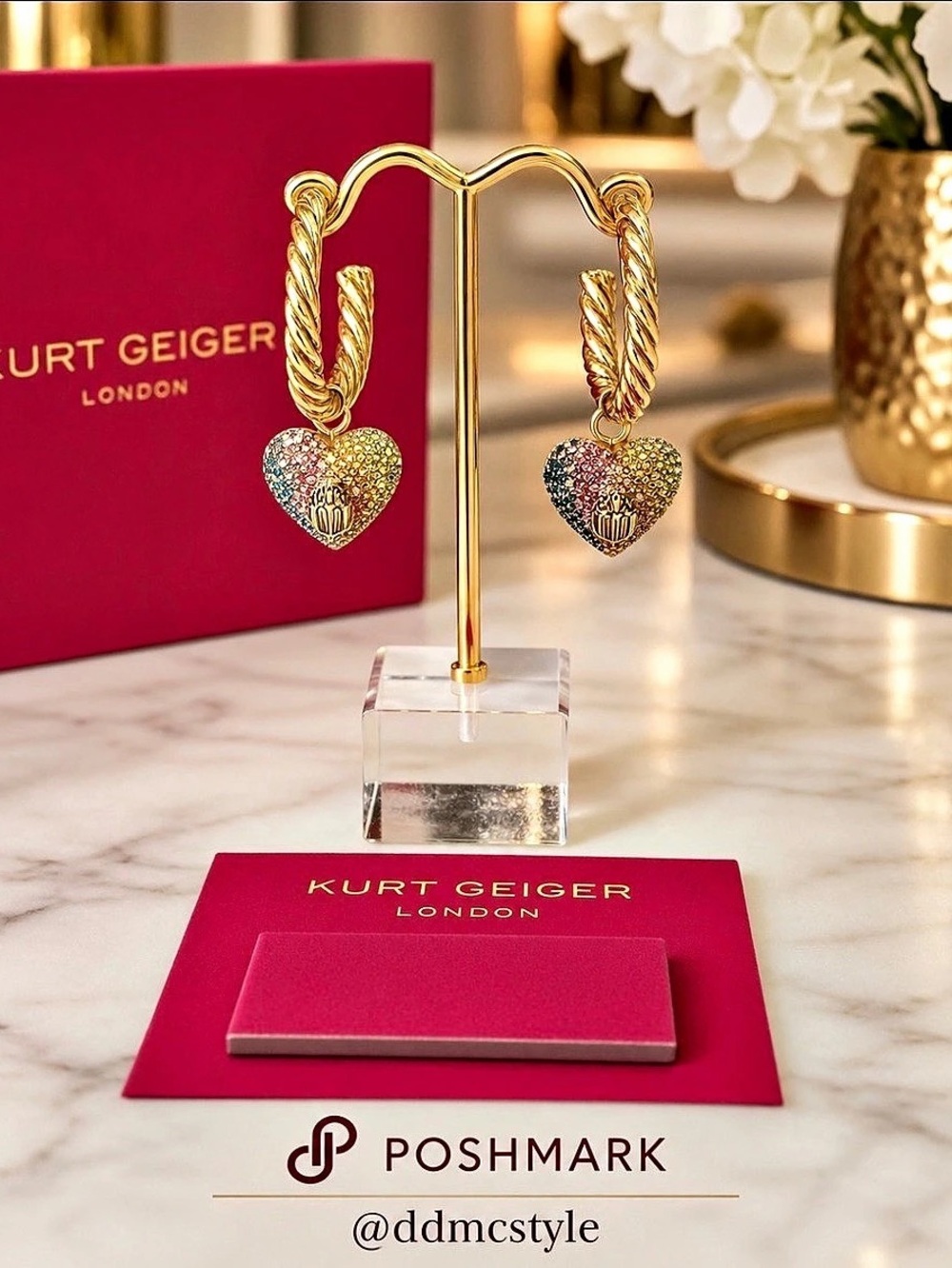 Kurt Geiger NWT Gold Multicolor Heart Drop Earrings Like New